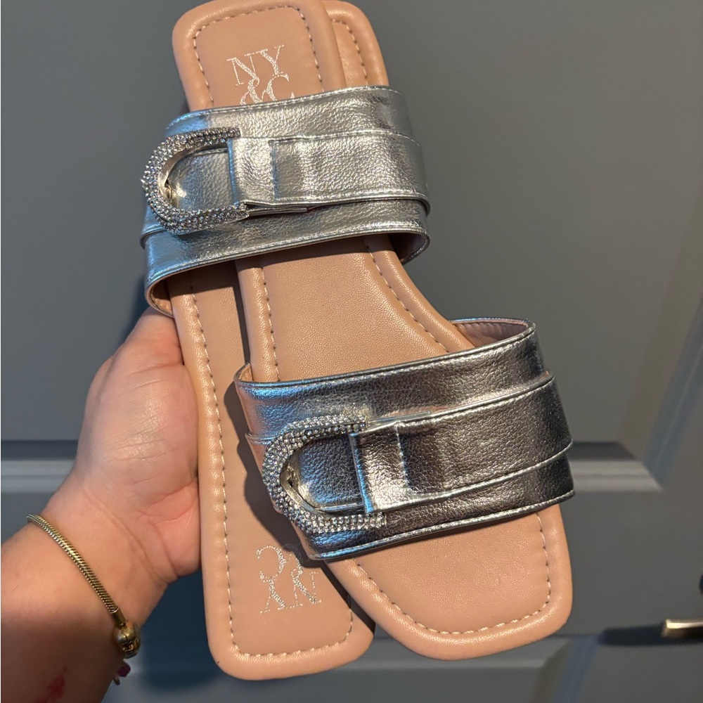 New York & Company Metallic Silver Sandals